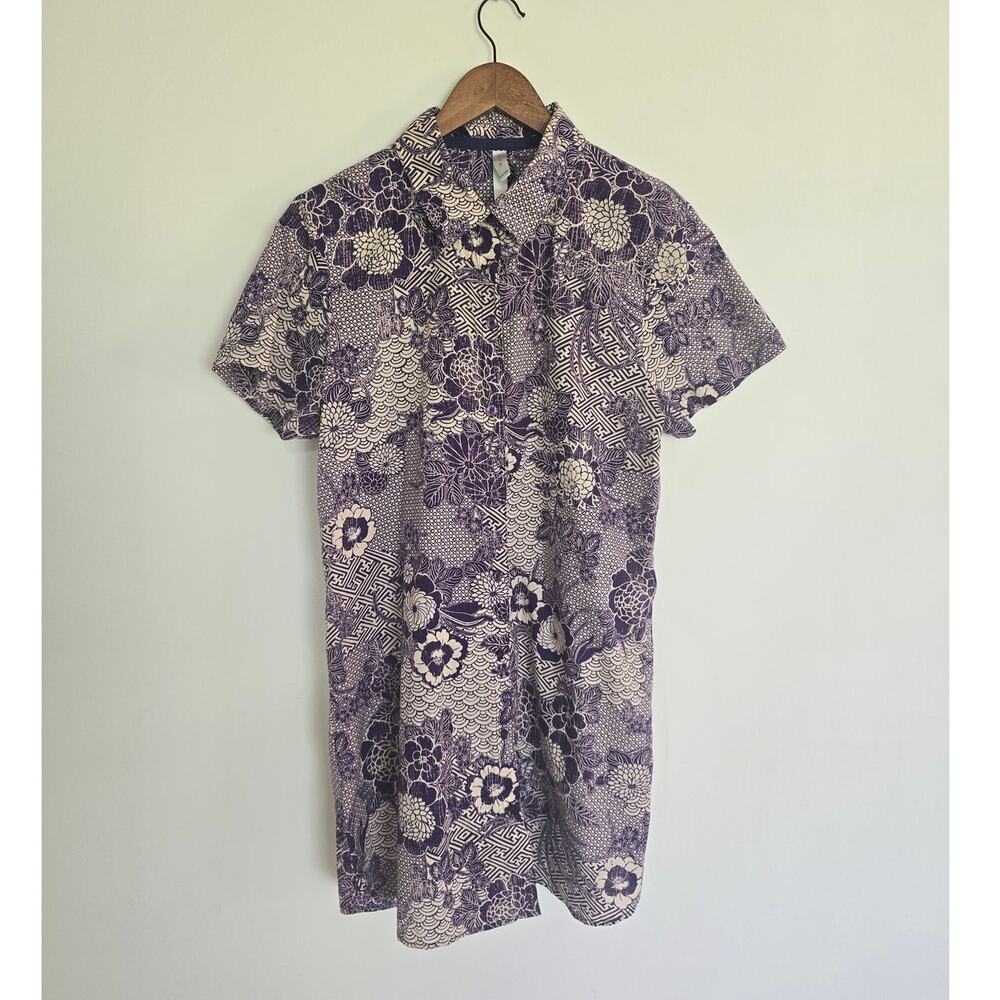 Vintage Cruz by Natori Purple Floral Shirt Dress Size M Asian Inspired Print